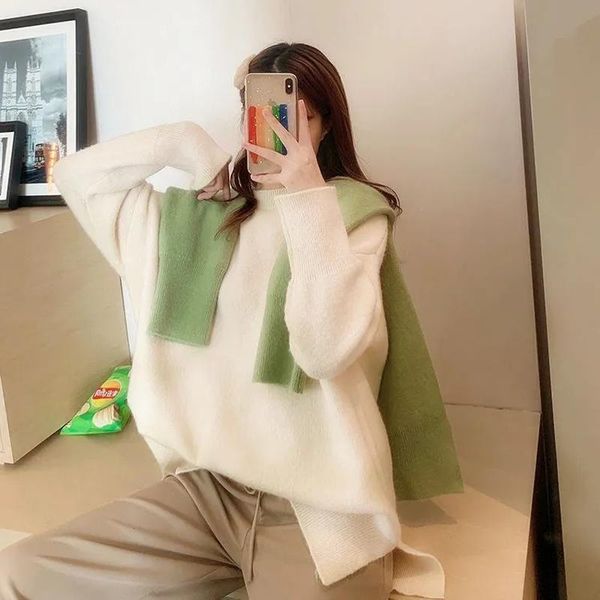 

women's sweaters women solid knitted sweater pullover long sleeve o neck casual loose korean lazy autumn winter, White;black