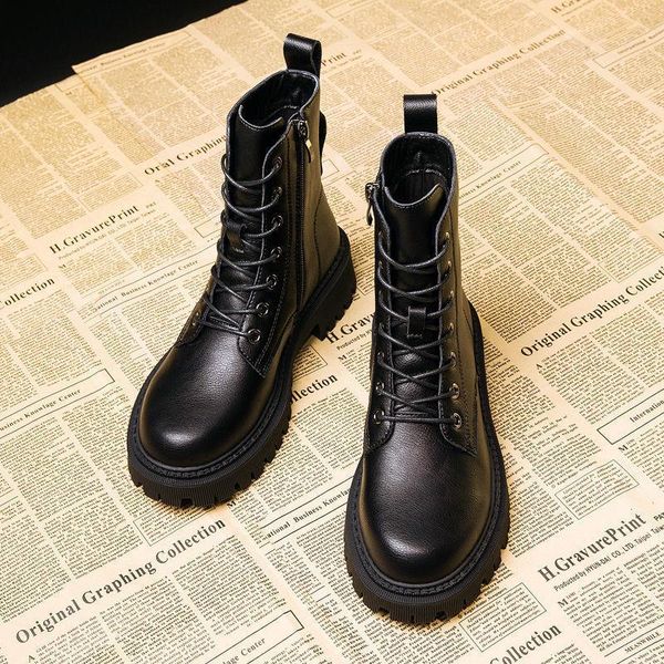 

boots real soft leather women british style autumn and winter 2021 wild plus velvet thick-soled short, Black