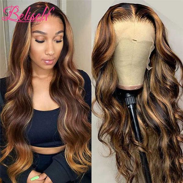 

lace wigs 4/27 highlight front human hair body wave wig brazilian ombre remy pre plucked 13x6 frontal for women, Black;brown