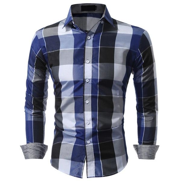 

autumn fashion large lattice slim dress clothes men long sleeve shirt business casual male social plus size men's shirts, White;black