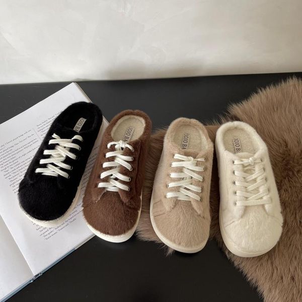 

slippers flat shoes female cover toe woman's luxury slides fur flip flops low 2021 designer plush pu hoof heels rome rubber fash, Black