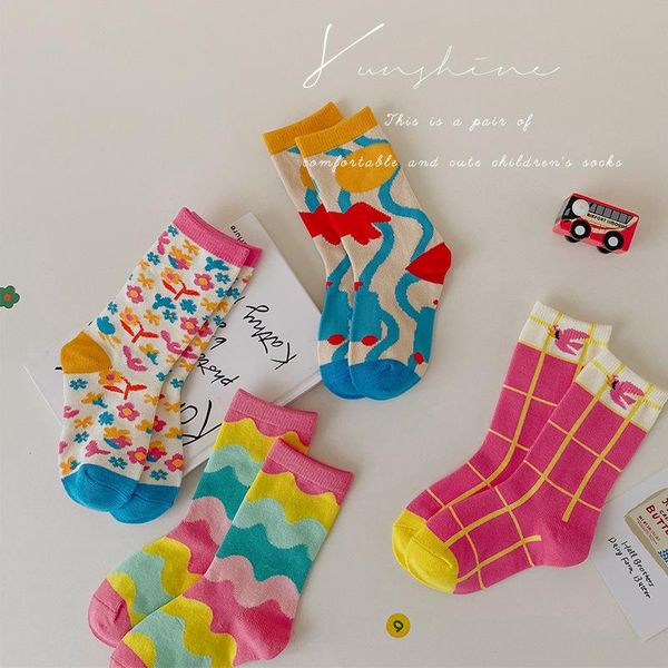 

socks 4 pairs children's autumn winter baby tube girl wave color matching checkered accessories clothes for borns, Pink;yellow