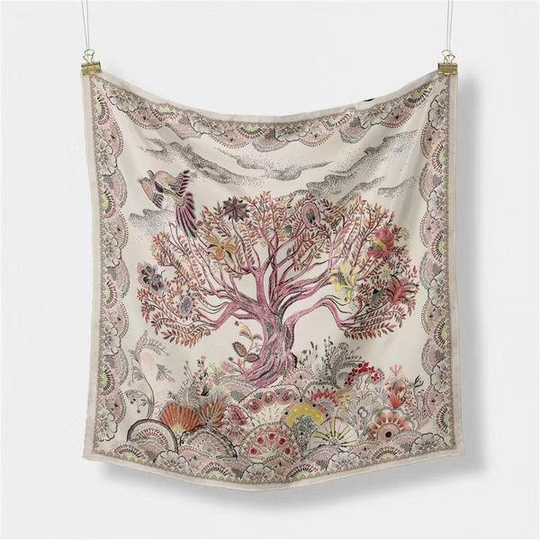 

scarves 2021 design women's silk scarf tree and bird printing square casual female changeable wrist towel neckline, Blue;gray