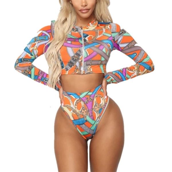 

swimwear women split print long sleeve zip-up crop uv protection swimsuit set, White;black