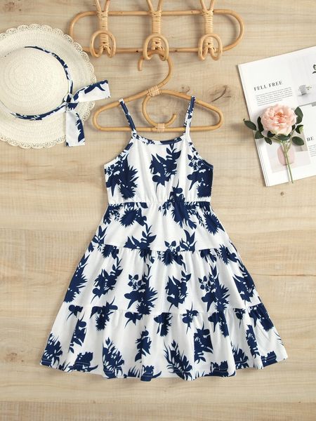 

toddler girls floral print ruffle hem cami dress & hat she, Red;yellow