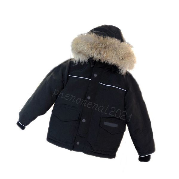 

kids jacket fashion designer winter down coat outdoor thermal windproof waterproof real wolf fur five colors, Black