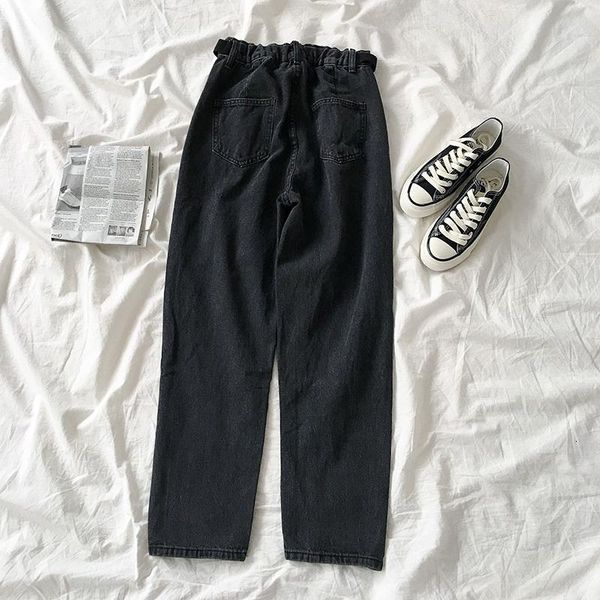 

fashion high waist jeans women casual streetwear solid elastic loose long trousers female black gray straight cotton pants women's, Blue
