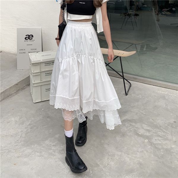 

skirts white women's summer korean chic lace stitching pleated high waist irregular a-line medium length skirt, Black
