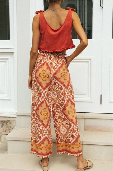 

women floral print wide leg bohemian happie pants ladies sashes loose rayon boho long oversize women's & capris, Black;white