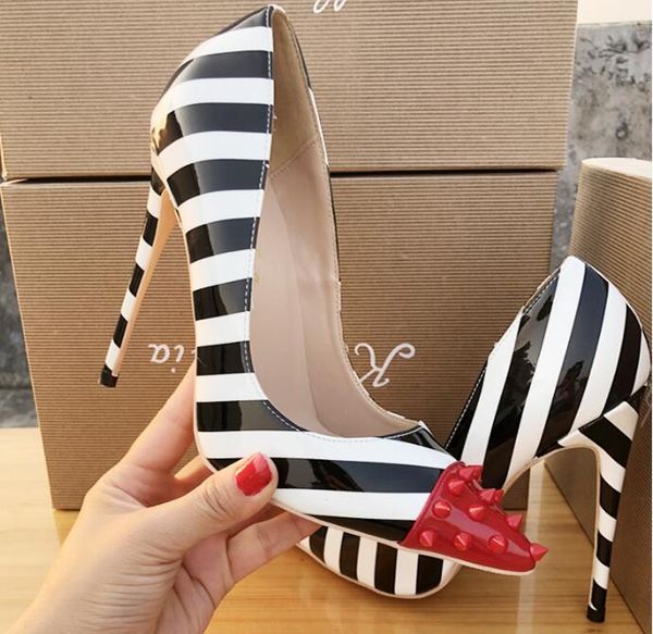 

dress shoes bonjean fashion rivets studded pointed toe high heel black white striped leather pumps shallow thin heels