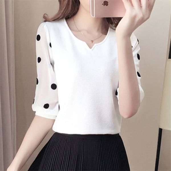 

women spring summer style chiffon blouses shirts mesh patchwork casual half sleeve polka dot print o-neck blusas dd1478 210401, White