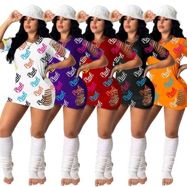 Mulheres vestido letras impressão camiseta camiseta vestido verão mangas curtas saia casual cor de doces furo furo vestidos saias 5 cores g42devj