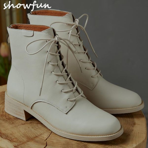 

boots women's genuine leather lace-up flats autumn ankle round toe casual short motorcycle shoes for women, Black