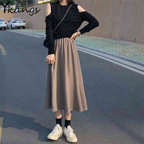 

women's a-line pleated skirt elegant autumn spring solid color high waist warm long s korean harajuku female black 210421