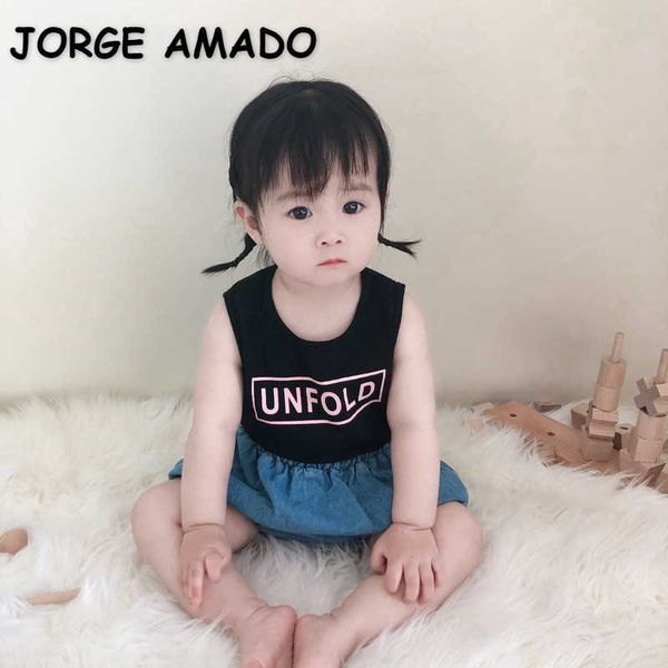 

summer baby girl 2-pcs sets letter vest + elastic waist denim shorts cute style born clothes e6082 210610, White
