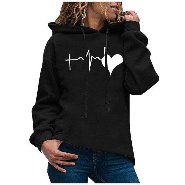 

women's hoodies & sweatshirts women sweatshirt hoody ladies hooded heartbeat casual pullovers girls long sleeve autumn winter clothes p, Black