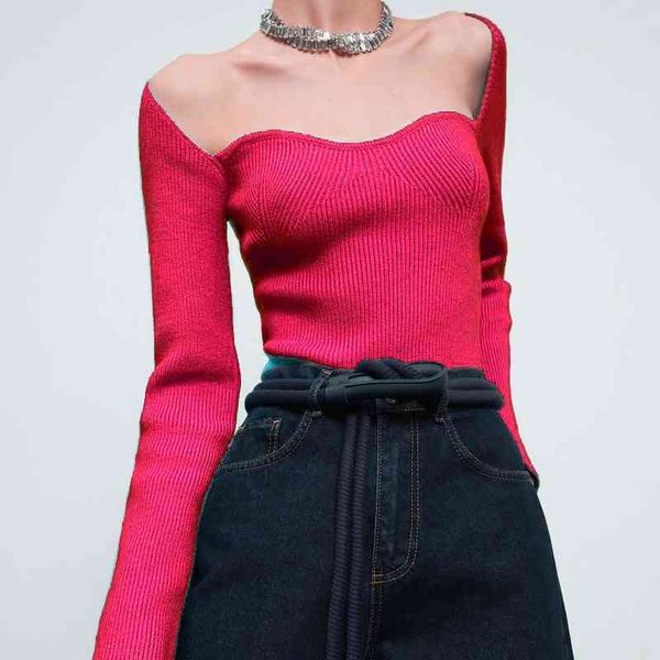 

ies strapless woman long sleeve slim t-shirts ladies leisure knitted basic female clothes 210412, White