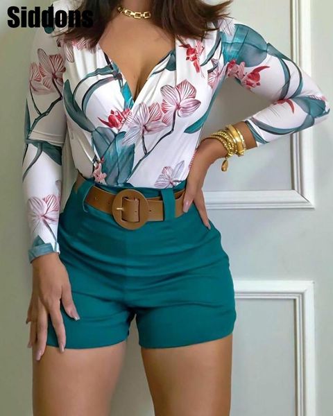 

women floral print long sleeve v neck & shorts set casual 2 piece set, White;black