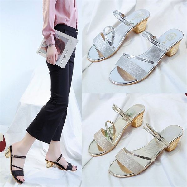 

womens shoes high heel sandals lady style simple mid-heel one-word two-wear fashion summer womens shoes1, Black