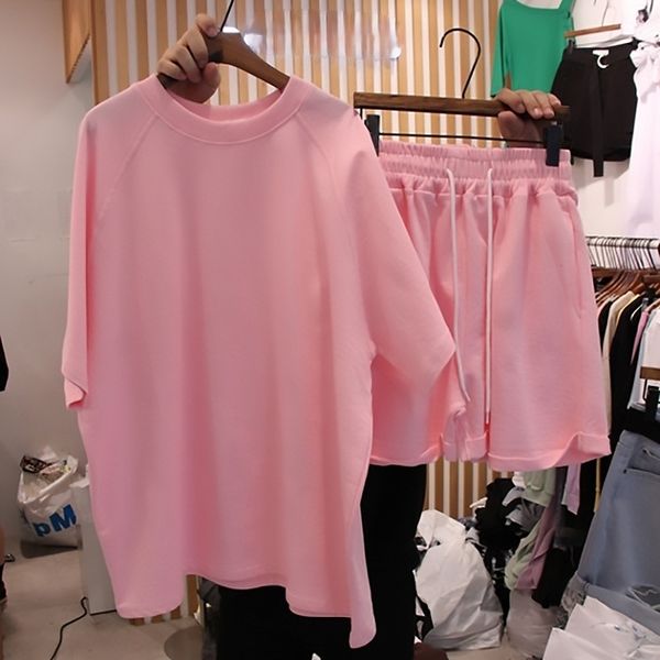 

casual tracksuit women 2 piece sets womens outfits o-neck short sleeve t shirt and shorts streetwear female solid loose pink set 210707, White