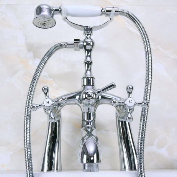 

polished chrome brass deck mount bathroom tub faucet dual cross handles telephone style hand shower clawfoot filler ana121 sets