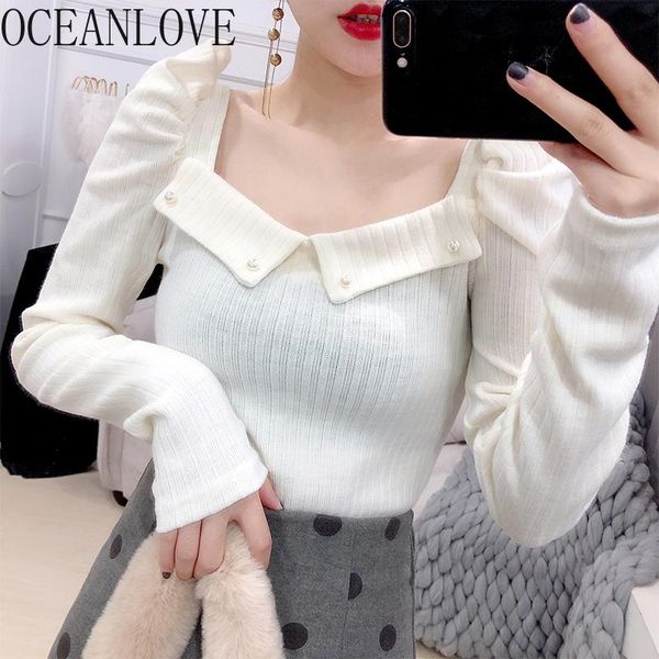 

women's sweaters oceanlove beading pearls pullovers 2021 spring solid puff sleeve women office lady ins fashion pull femme 13586, White;black