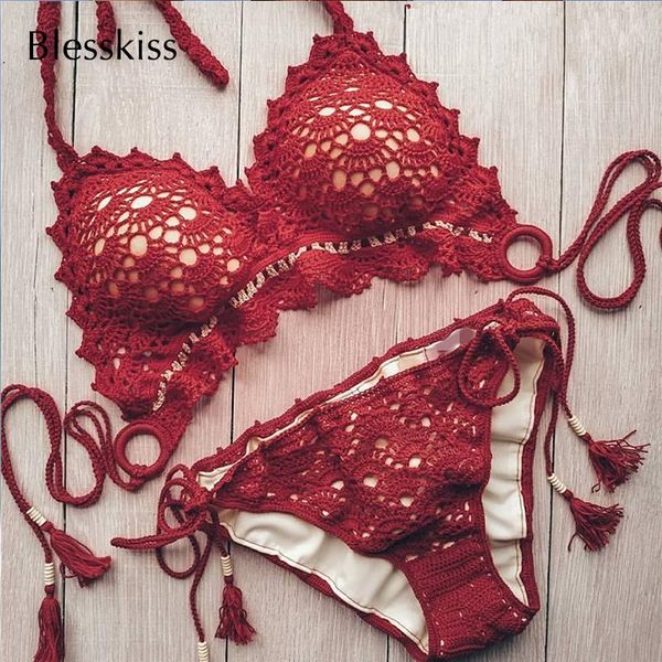 

blesskiss crochet bikini 2021 swimsuit women handmade tassel brazilian swimwear thong bathing suit maillot de bain femme women's, White;black