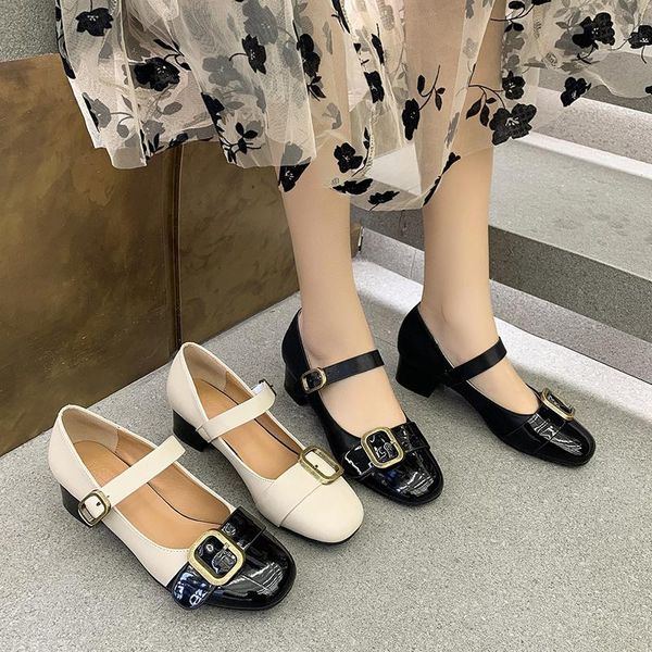 

dress shoes woman metal buckle round toe lolita drop spring mary jane for women pu square heels ankle strap pumps, Black