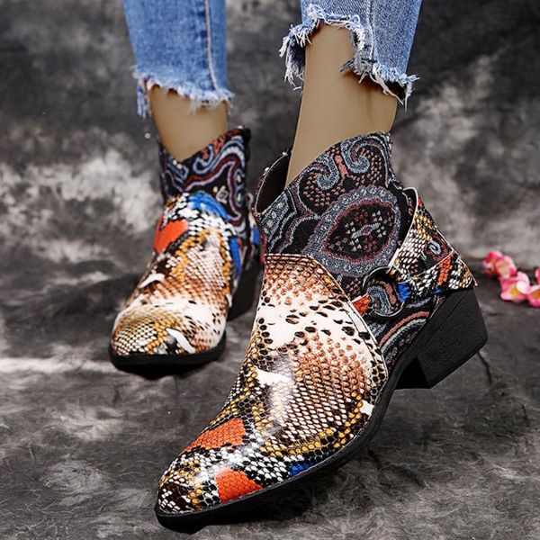 

boots ribetrini women ins snake print low heel ankle shoes fashion brand casual daily, Black