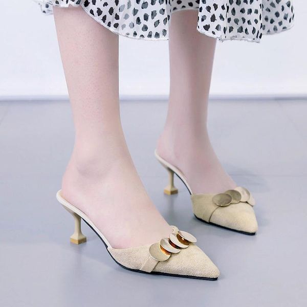 

slippers half drag solid low heel lightweight comfortable non-slip skin elegant women shoes outside metal decoration u30-36, Black
