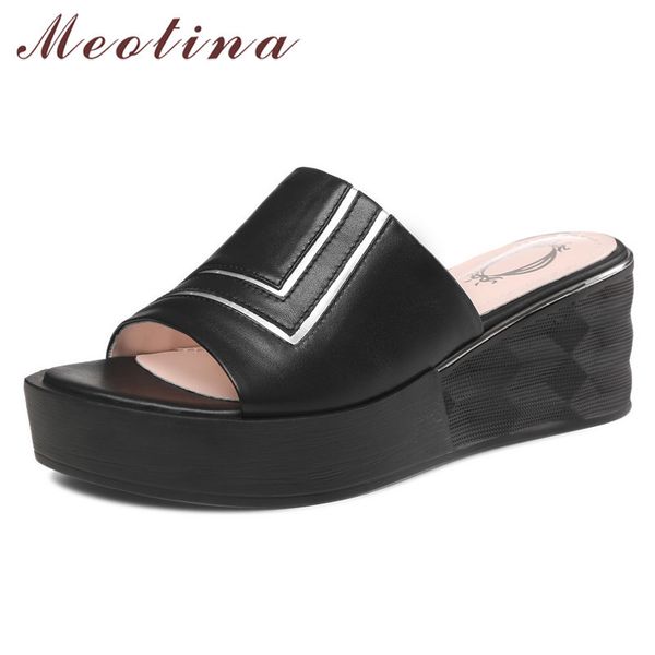 

shoes women platform wedge heels natural genuine leather slippers round toe ladies slides summer sandals female black 210517