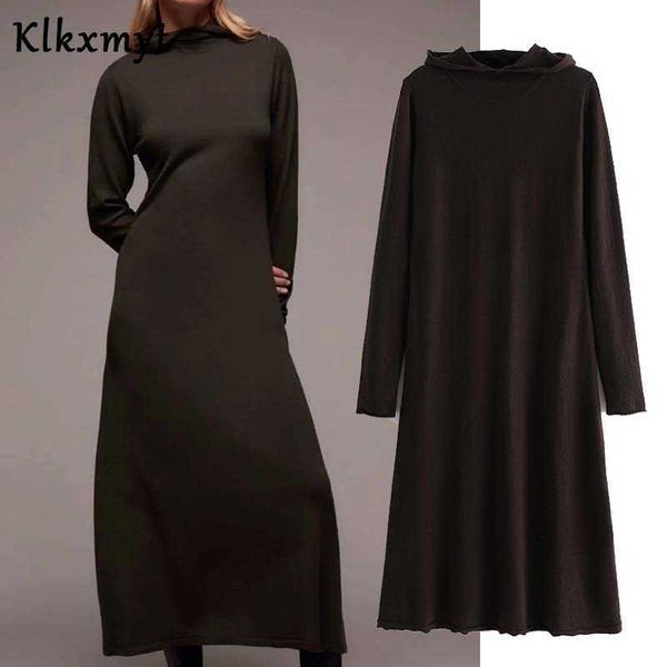 

klkxmyt za dress women chic fashion hooded knitting midi vintage long sleeve slim female es vestidos mujer 210527, Black;gray