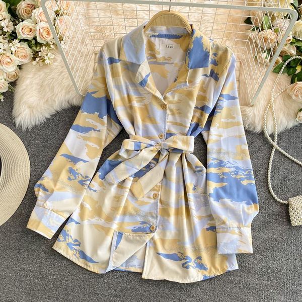 

women's blouses & shirts loose tie-dye printed long sleeved shirt summer casual single-breasted turn-down collar streetwear blouse for, White