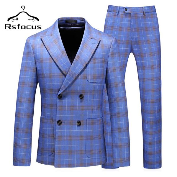

men's suits & blazers rsfocus light blue plaid suit for men 2021 two piece double breasted groom wedding man 4xl 5xl dress tz032, White;black
