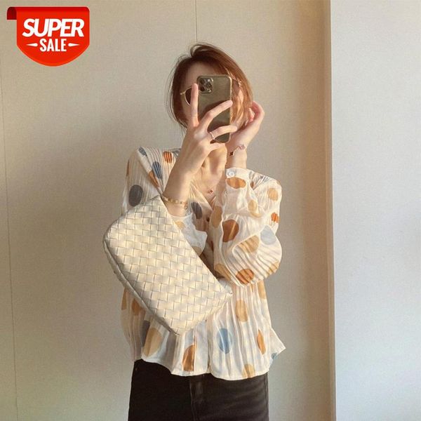

retro polka dot pleated chiffon shirt women's design sense loose long sleeve v-neck women #xd7k, White