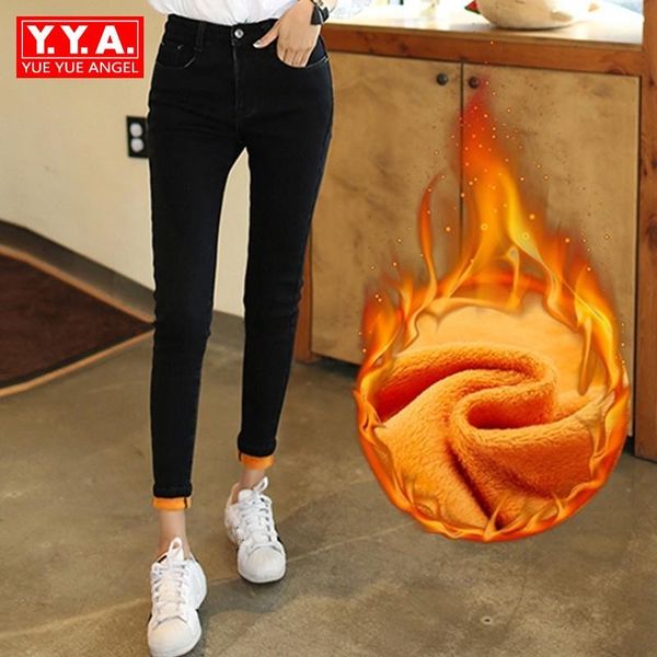 

women's jeans black blue gray winter thick elastic warm woman plus size -5xl fleece denim pants women high waist cowboy pencil trouser