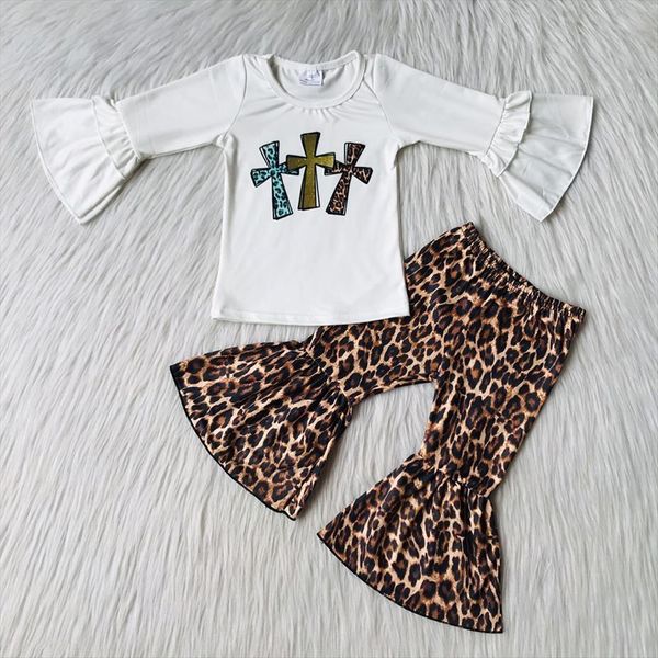 

wholesale kids long sleeve outfits baby girls ruffle and bell pants set infants easter day clothing, White