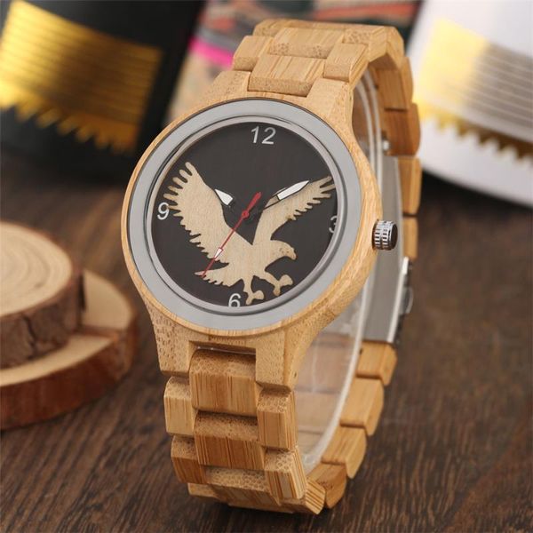 

wristwatches creative art wood eagle display wooden watch men quartz timepiece bamboo men's watches arrival 2021 reloj masculino, Slivery;brown