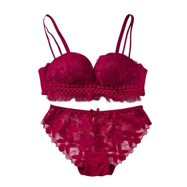 

bras sets lingerie set women bra lace push up airy panties solid color wire female underwear, Red;black