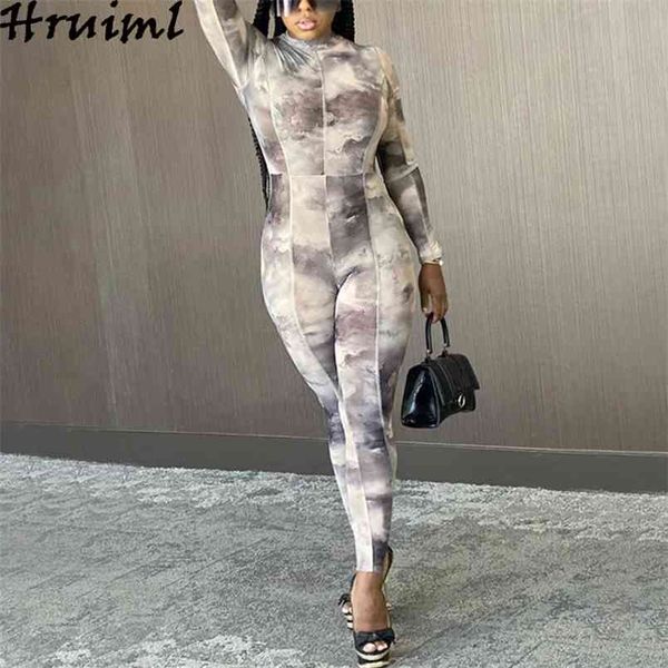 Overalls für Frauen Tie Dye Print Herbst Langarm Body Bodycon Strampler Mode Skinny Body Anzüge Clubwear 210513