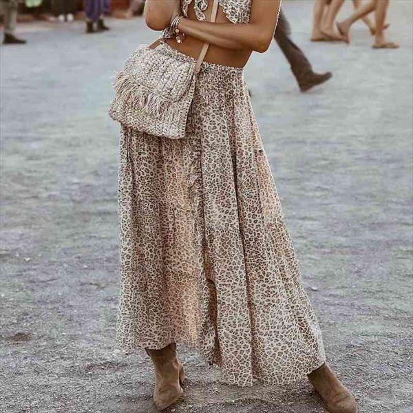

boho fashion hippie women beach bohemian leopard print fold design skirt high elastic a-line boho maxi skirt femme, Black
