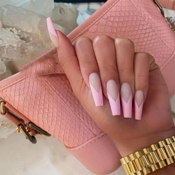 

false nails 24 pcs long coffin pink fake with designs french ballerina artificial nail tips press on for women, Red;gold