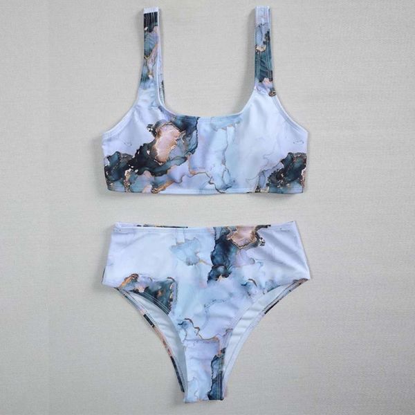 

tie dye women's split swimsuit u-neck quick drying high waist suit, White;black