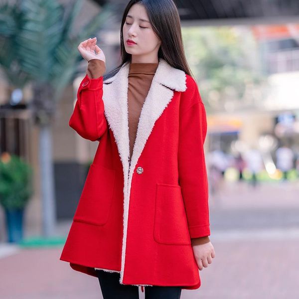 

women's wool & blends autumn and winter 2021 double-sided cashmere coat lamb lapel, Black