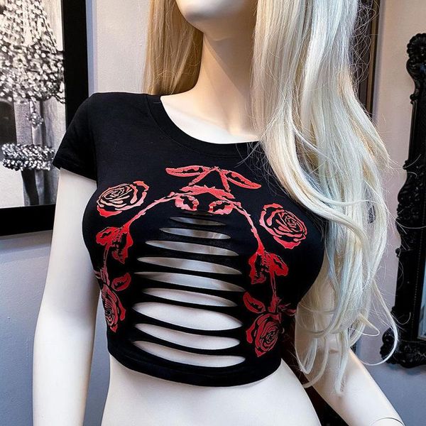 

women's t-shirt 2021 summer gothic y2k t shirt women floral print tee harajuku short sleeve crop cut out streetwear punk grunge, White