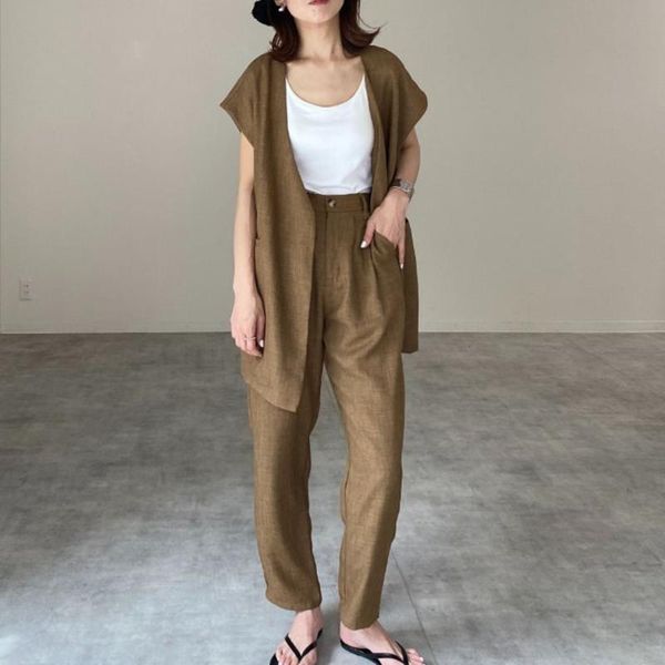 

women's two piece pants sets for women tapered and cardigan vest setup commuter plain lady fashion straight korea style casual, White