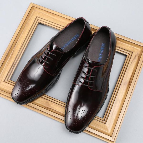 

bullock carved men's shoes, leather pointed toe british patent shiny business single shoes dress, Black