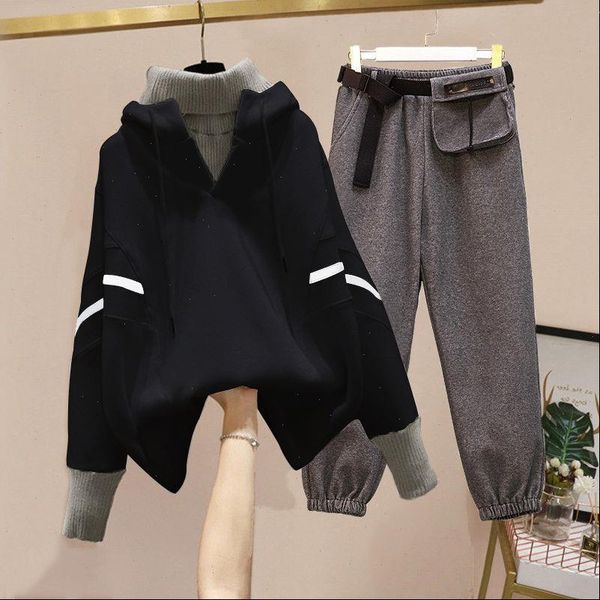

2 delige set vrouwen womens tracksuits plus size winter pak losse nep tweedelige trui afslanken casual broek twee stuk mode, Gray