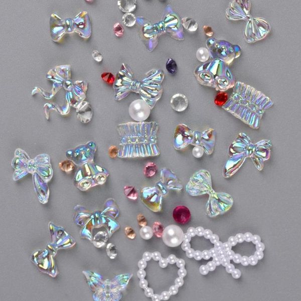 

nail art decorations 1box decoration 3d diy ornament jewelry bowknot pearl bear cartoon rhinestone accessory mani l2y6, Silver;gold