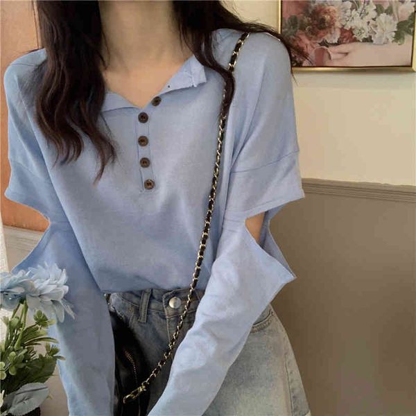 

lucyever fashion button knitted shirt women casual hollow out long sleeve o-neck woman korean streetwear ladies 210521, White;black